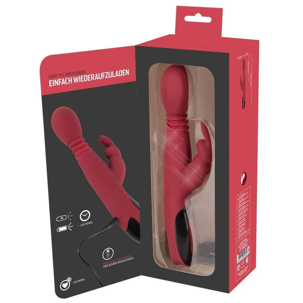 Купить красный вибромассажер с клиторальным отростком rabbit vibrator - 26,5 см. Image