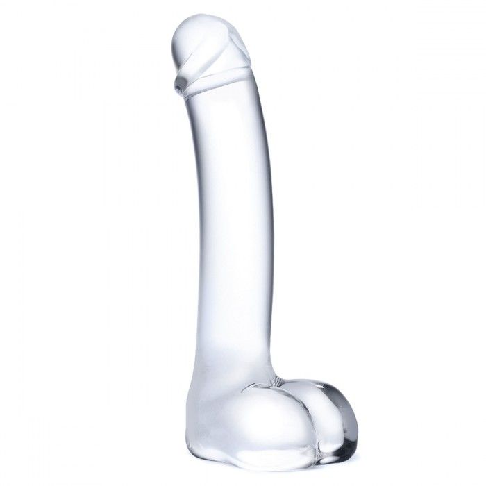 Купить прозрачный стеклянный фаллос с мошонкой curved g-spot - 18 см. Image