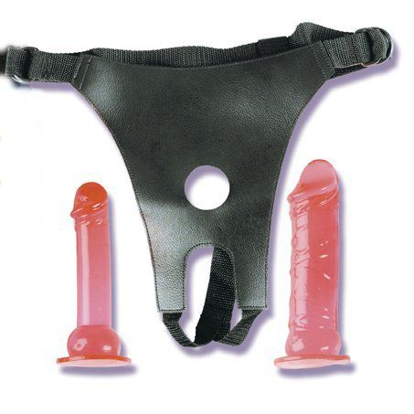 Купить трусики из кожзаменителя с двумя фаллоимитаторами crotchless strap-on 2 dongs hot pink Image