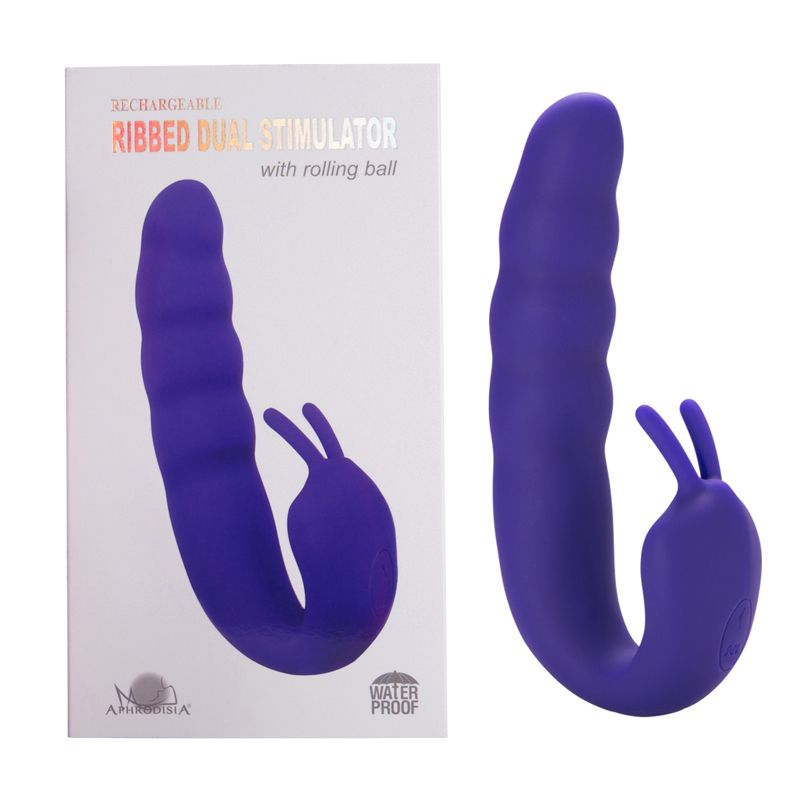 Купить фиолетовый вибратор ribbed dual stimulator with rolling ball - 17 см. Image