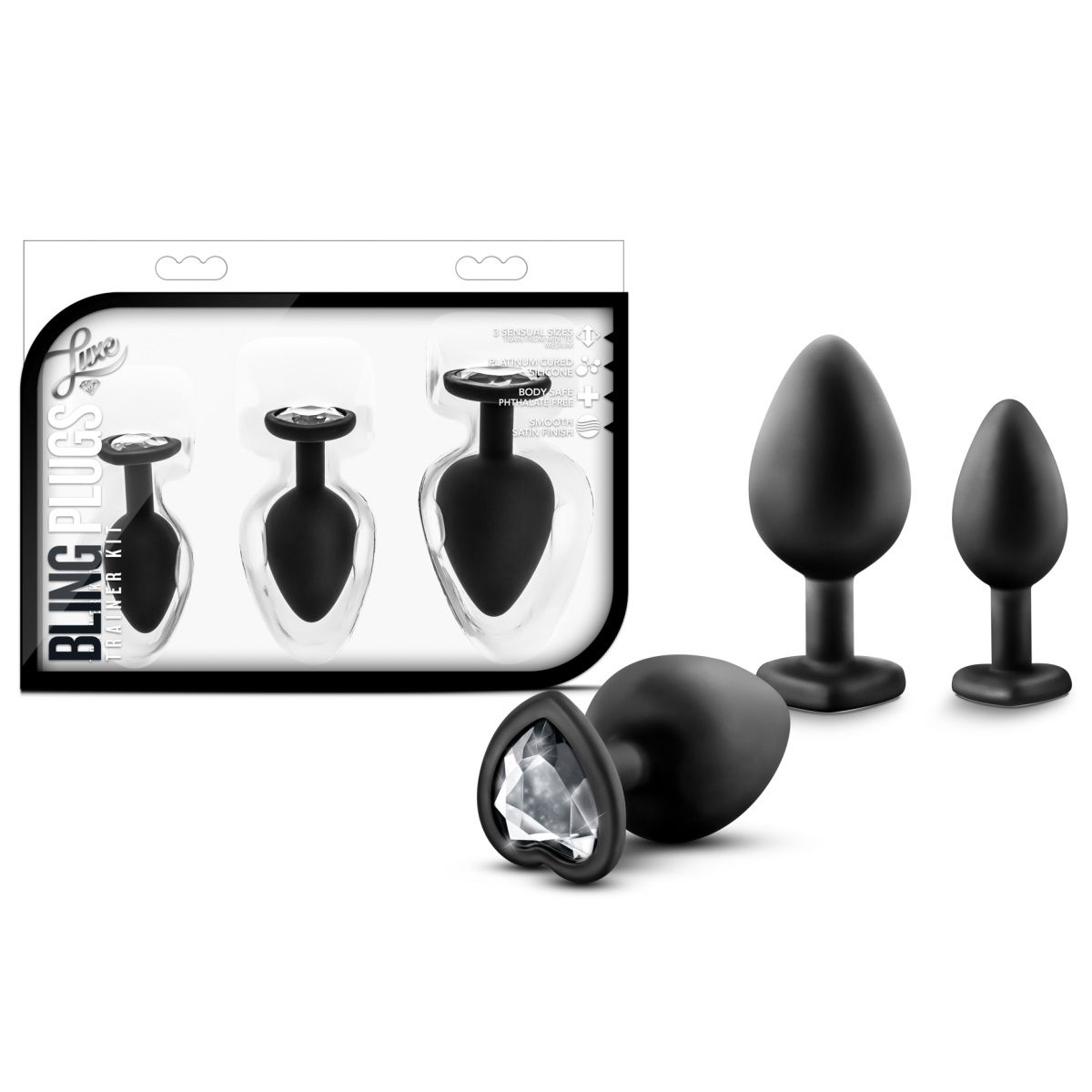 Купить набор из 3 черных пробок с прозрачным кристаллом-сердечком bling plugs training kit Image