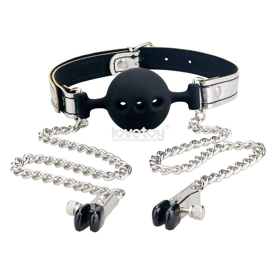 Купить серебристо-черный кляп с зажимами на соски breathable ball gag with nipple clamp Image