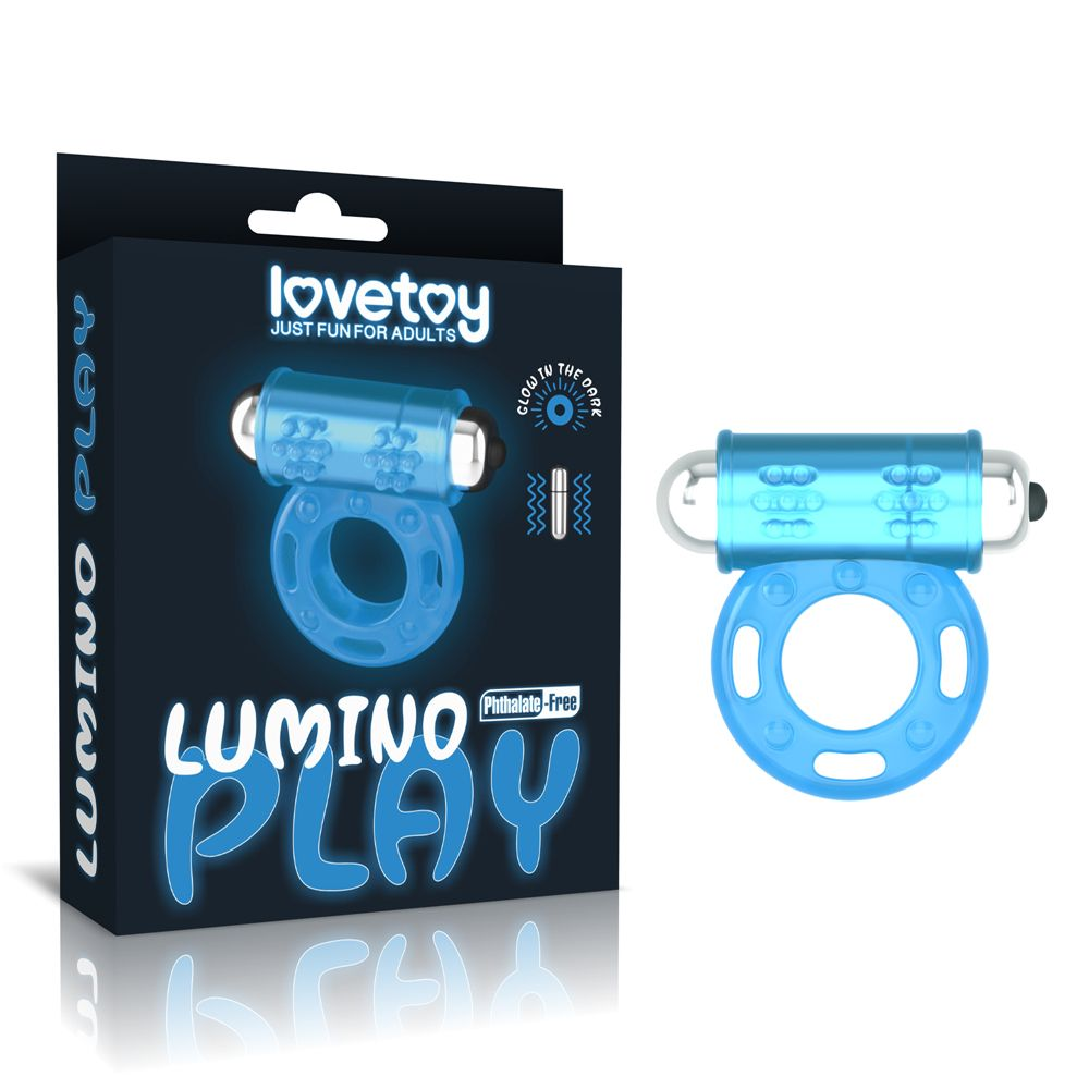 Купить голубое, светящееся в темноте эрекционное виброкольцо lumino play vibrating penis ring Image