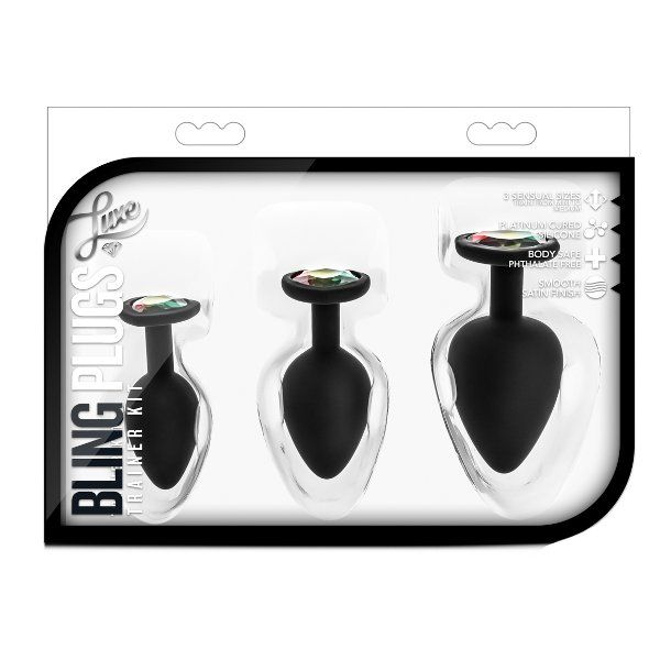 Купить набор из 3 черных анальных пробок с радужным кристаллом bling plugs training kit Image