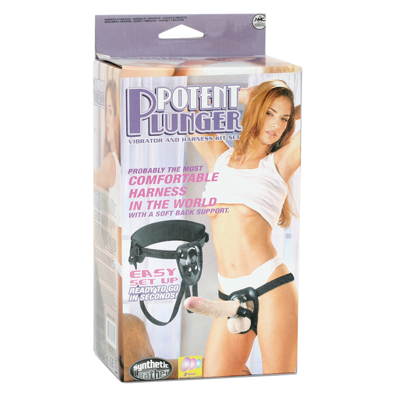 Купить поясной виброфаллос на кожаных трусиках potent plunger harness with 8 vibrator - 20,2 см. Image