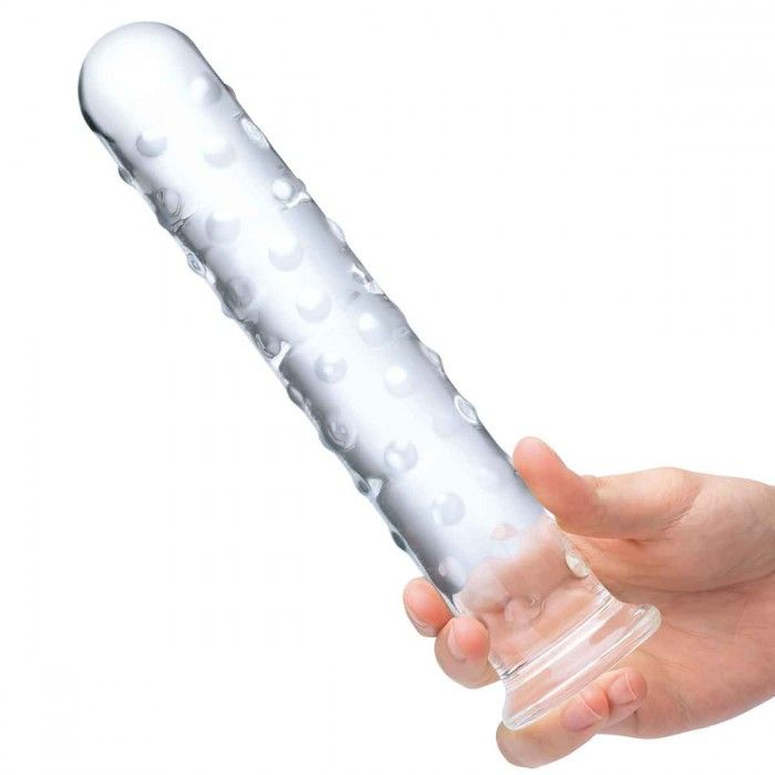 Купить прозрачный стеклянный фаллос с массажным рельефом 10  extra large glass dildo - 25,5 см. Image