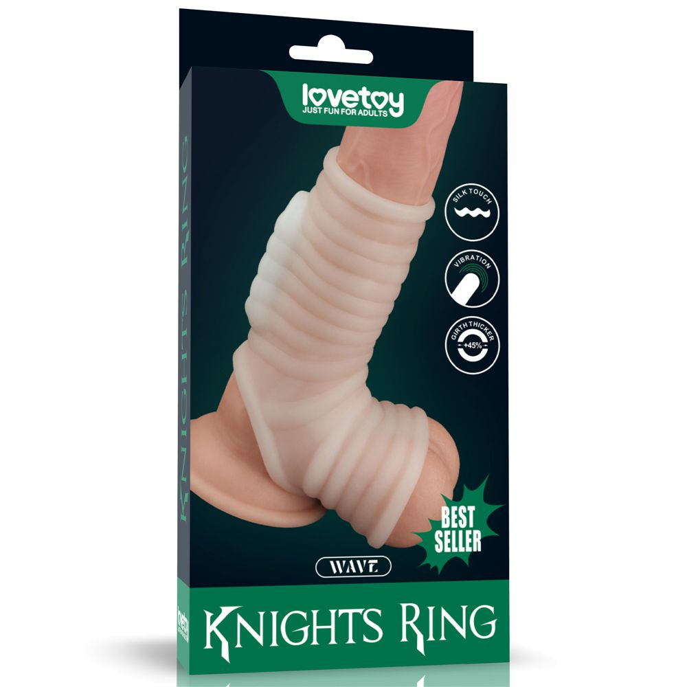 Купить белая ребристая вибронасадка на пенис knights ring с подхватом мошонки Image