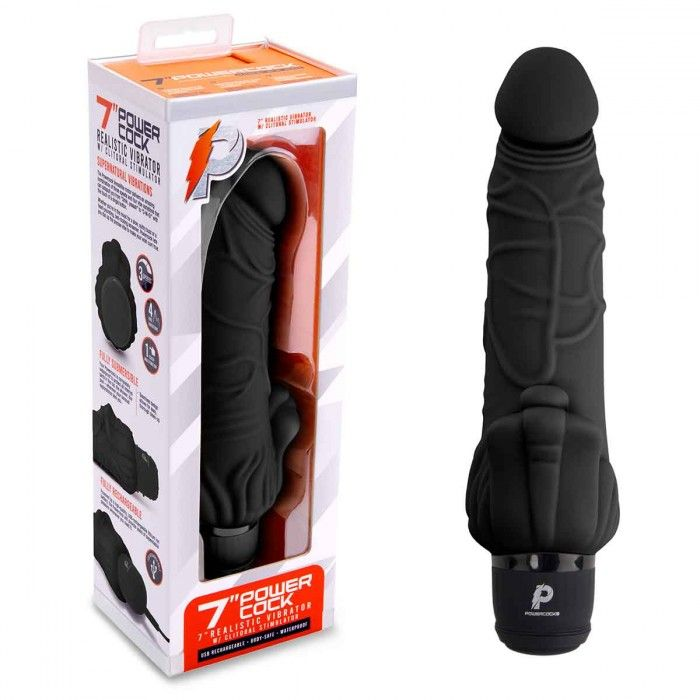 Купить черный вибратор-реалистик с клиторальными лепестками 7  realistic vibrator - 21,5 см. Image