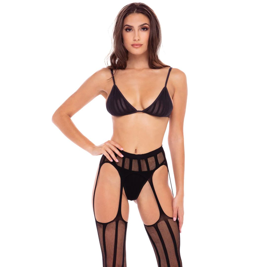 Купить эротический комплект 3 piece sheer striped bra thong &amp;amp; garter belt set Image