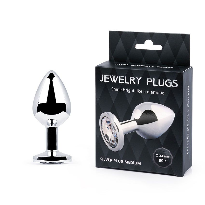 Купить анальная пробка silver plug medium с прозрачным кристаллом - 8,2 см. Image