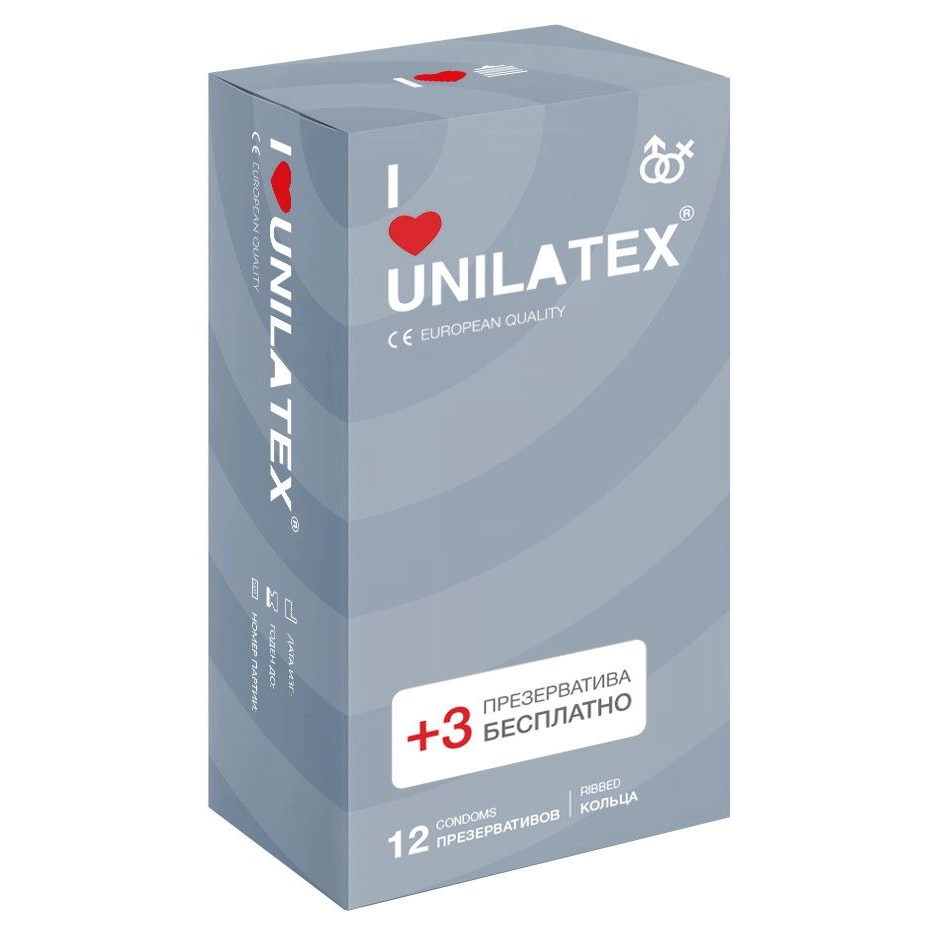 Купить презервативы с рёбрами unilatex ribbed - 12 шт. + 3 шт. в подарок Image