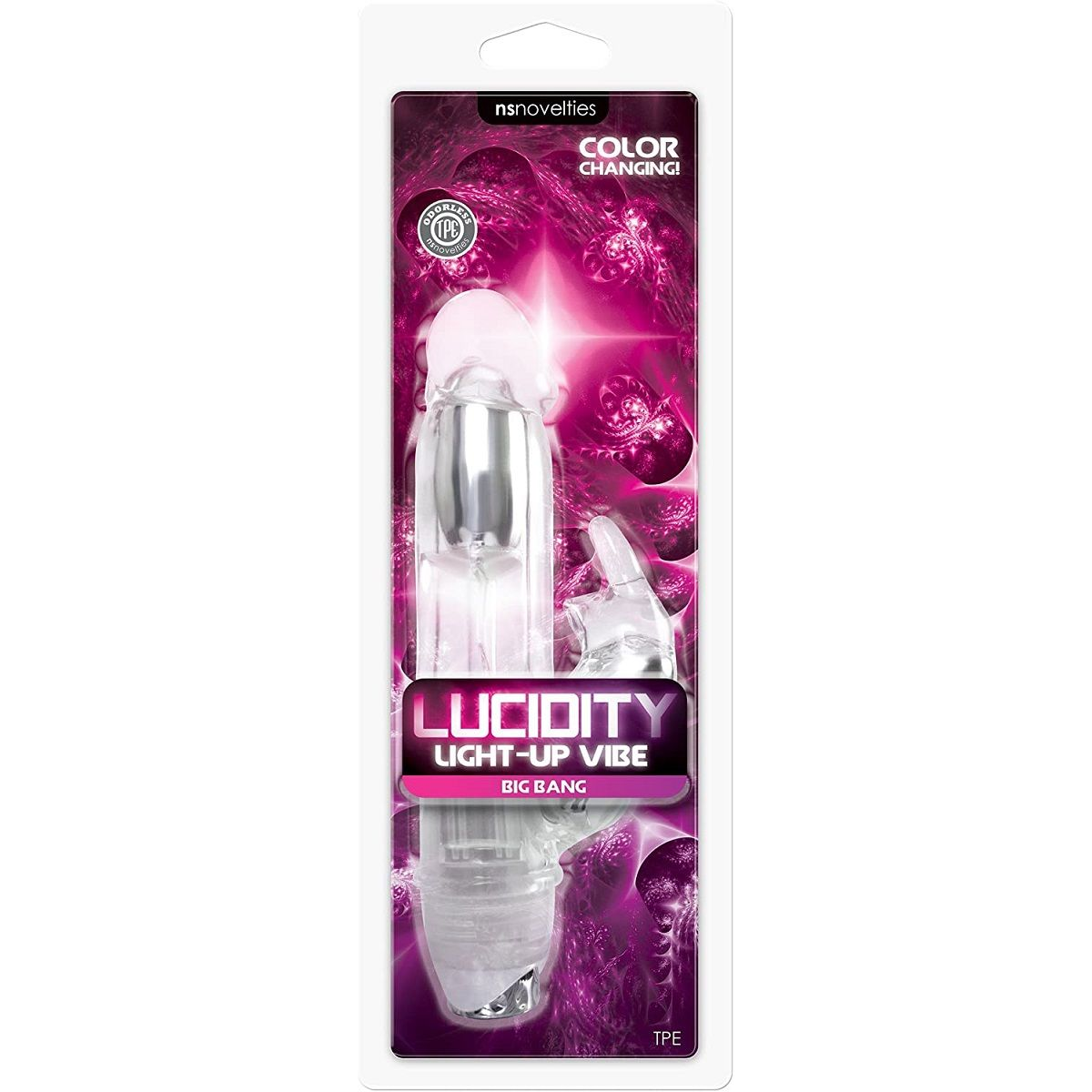 Купить прозрачный вибратор с клиторальным зайкой lucidity big bang light up vibe - 16 см. Image